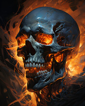 Glowing Halloween Skull In Fire Flames Fantasy Art