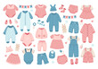 Collection of clothes for babies. Fashion garments for boys and girls. 