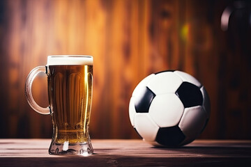 Poster - Chilled Beer Mug Next to Soccer Ball on Wooden Table