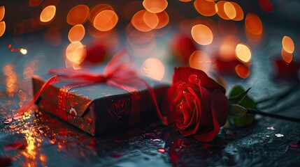 Poster - Red rose and gift box on dark background with bokeh lights