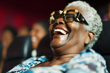 Wall Mural - happy senior black woman in cinema watching movie