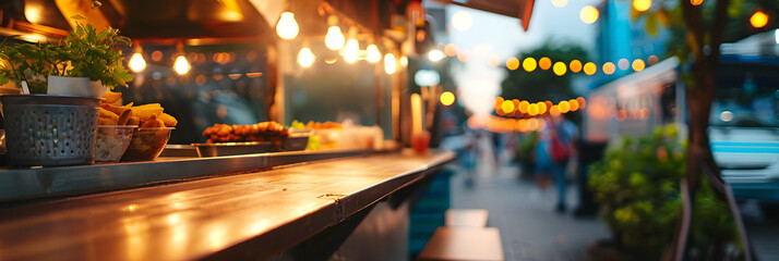 Wall Mural - food truck in city festival, selective focus background banner