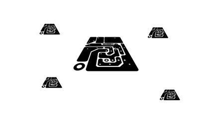 Poster - Zoom in and out animation the printed circuit board symbol. Large black symbol in the center and four small symbols around. Seamless looped 4k animation on white background