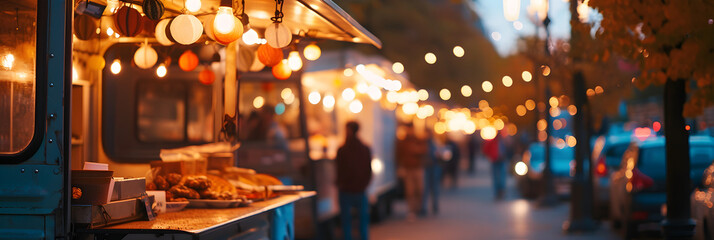 Wall Mural - food truck in city festival at night, selective focus