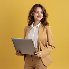 Sticker - Young woman standing with laptop isolated on background 