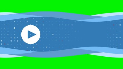 Poster - Animation of blue banner waves movement with white play symbol on the left. On the background there are small white shapes. Seamless looped 4k animation on chroma key background
