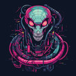 Mystical digital Snake vibrant and detailed illustration of a snake with glowing red eyes, Abstract shapes and lines in vibrant colors like pink, green, and black surround the snake 