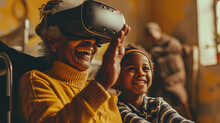Black African American Grandmother And Grandchild VR Gaming And Wearing Headset Goggles At Home