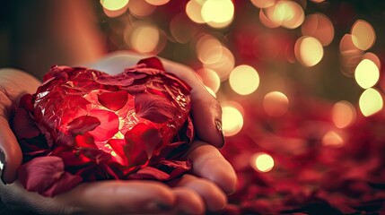 Poster - Valentine's Day background with hand holding a red heart on bokeh background