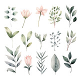 Fototapeta Dmuchawce - watercolor flowers, a set of illustrations in handmade watercolor style on a white background, generative ai	