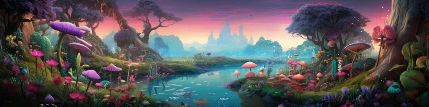 Fantasy World for kids with River Clouds Rainbow Created with Generative AI Technology