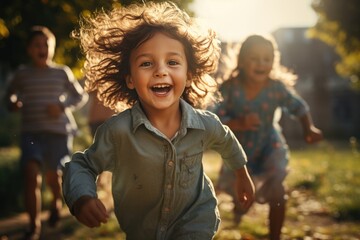 portrait of cute children playing on a sunny summer lawn, running to play, cheerful childhood