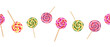 Spiral lollipops, circle candies. Seamless border. Bonbons with striped swirls, sugar caramel on stick. Watercolor illustration isolated on white. For stationery, candy shop, store