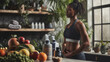 Fitness New year resolutions. Black African American Fit Woman in modern kitchen with fresh fruits and nutritional supplements, embodying balanced approach to health and fitness.
