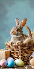 Wall Mural - Cute young Easter bunny in a wicker basket with dyed eggs on a wooden table