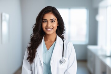 Wall Mural - Happy indian woman medical assistant in clinic. Nurse in uniform doctor at hospital