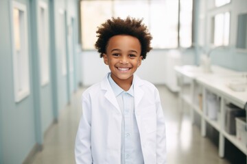 Wall Mural - Happy african american child boy medical assistant in clinic. Nurse in uniform doctor at hospital