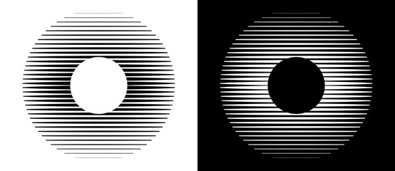 Aufkleber - Transition parallel lines in circles. Abstract art geometric background for logo, icon, tattoo. Black shape on a white background and the same white shape on the black side.