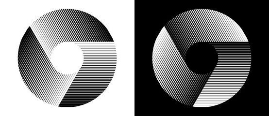 Poster - Abstract background with lines in spiral. Art design circle concept with 3 segments. Black lines on a white background and white lines on the black side.
