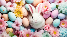 Colorful Easter Eggs, Flowers And Cute Bunny