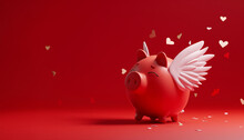 Red Piggy Bank With White Angelic Wings As A Cupid, On Solid Red Background. Heart Shaped Confetti Flying In Air