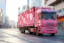 A Modern Pink, Long Truck Adorned With Heart Decorations, Setting The Mood For Valentine's Day Celebrations