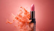 smashed lipstick with dynamic powder burst on pastel background