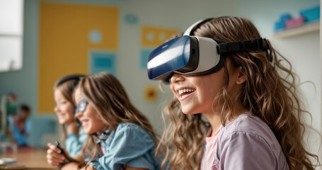 Wall Mural - schoolgirl wearing virtual reality glasses in class gaming