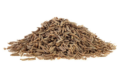 Poster - Pile of cumin seeds isolated on a white background. Caraway seeds, indian spice.