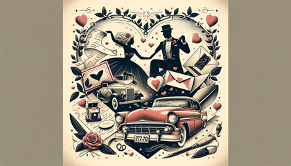Poster - Valentine's greetings card in retro style with lovers couple. Vintage style. Valentine's day
