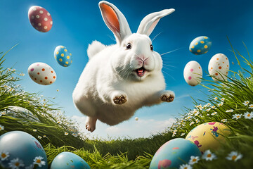 Wall Mural - happy Easter bunny jumping with joy with many Easter eggs