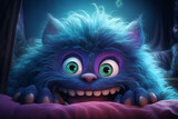 Fototapeta  - Cute furry cartoon monster on the bed. Generative AI image.