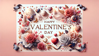Wall Mural - banner with the phrase 'Happy Valentine's Day' with realistic hearts and elements