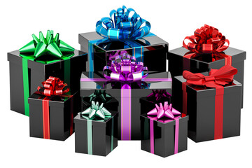 Poster - black gift boxes with colored red bow and ribbons, 3d rendering isolated on transparent background