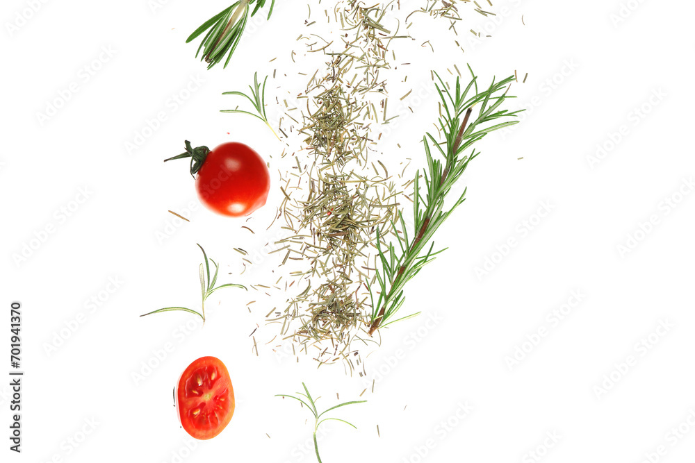 Flying spices, rosemary and tomatoes on white background