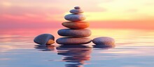 A Pile Of Stones Balanced In The Middle Of Calm Purple, Orange And Blue Sea Water With Sunlight In The Background