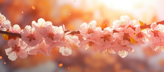 spring cherry blossoms orange sun background