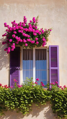 Wall Mural - close-up of open window shutters and pink purple flower decorations on sunny summer day nobody architecture wall