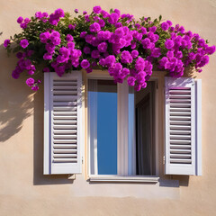 Wall Mural - close-up of open window shutters and pink purple flower decorations on sunny summer day nobody architecture wall