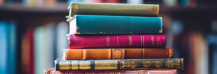 Wall Mural - stack of books on wooden table against blurred background