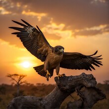 Madagascar Serpent Eagle In Flight Against The Backdrop Of A Dramatic Sunrise Over-the Savannah