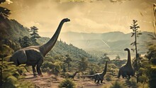Dinosaur Herd Walking In A Prehistoric Land Retro Style Damaged Film Animation