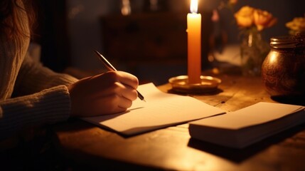 Wall Mural - As the night stretches on, a person sits alone at a desk, the candle providing the only source of light as they pen a letter filled with adoration.