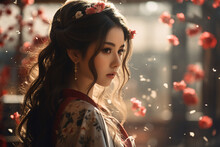 Japanese Culture Set Of Spiritual And Material Values, Kimano, Asia, Samurai Lady History Beautiful Pretty Cute Happy Girl Woman Traditional.