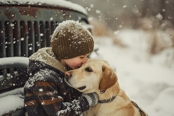 Happy kid wearing warm clothes plays outdoors with his dog in snow in winter.