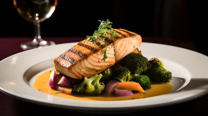 Wall Mural - Grilled salmon steak fillet with vegetables on a plate close up