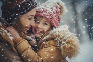 Wall Mural - Mother and daughter warmly dressed in winter during snowfall embrace with smiles. Mother warmly hugs granddaughter in nature during snow. Family warm in cold with loving hugs