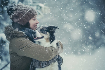 Wall Mural - Happy woman walking her dog in the winter forest outdoors. 