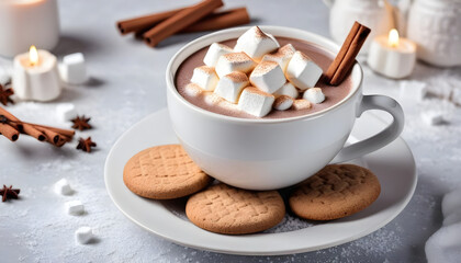 Canvas Print - Cup of hot cocoa or chocolate with marshmallow, cinnamon and cookies on white table. Traditional winter drink.