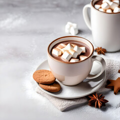 Canvas Print - Cup of hot cocoa or chocolate with marshmallow, cinnamon and cookies on white table. Traditional winter drink.